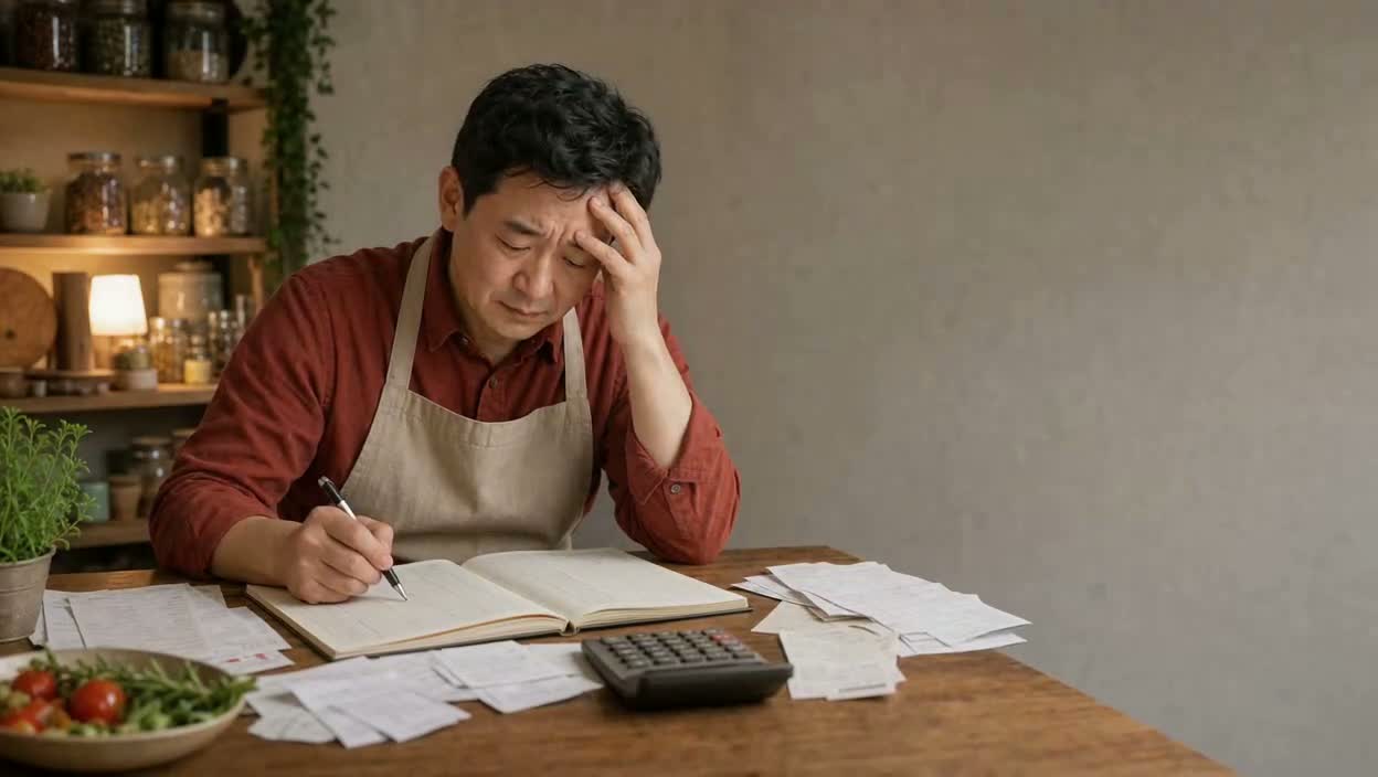 세금과 거래 서류를 정리하는 식품 사장님