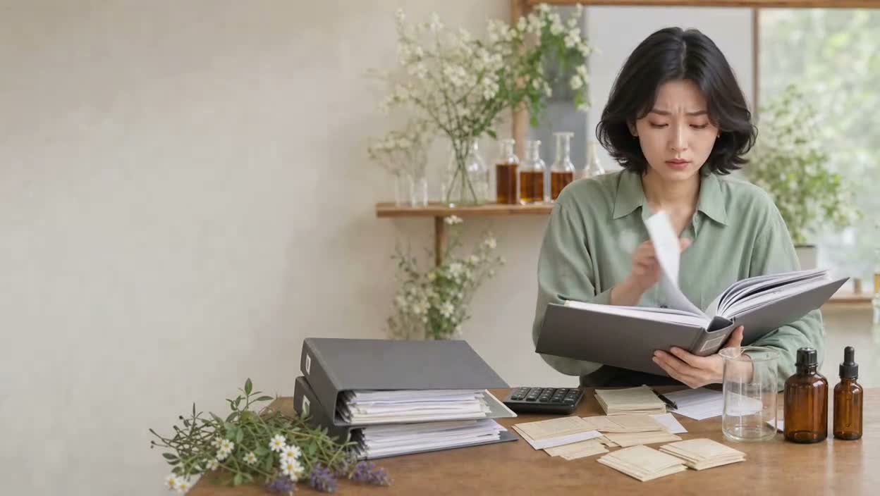 고객과 구매처 서류를 확인하는 향수 대표